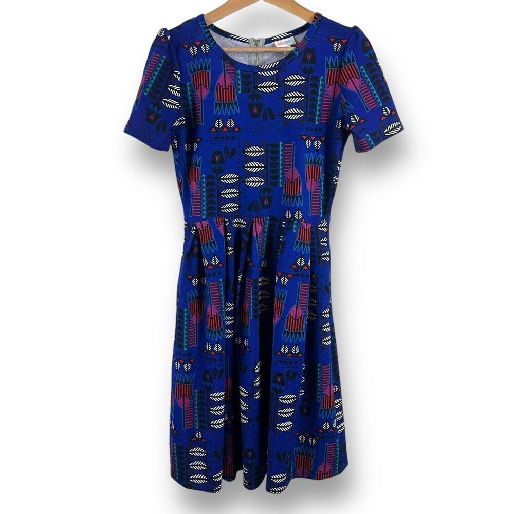 LuLaRoe Womens M Amelia Fit & Flare Midi Dress Blue Southwestern Tribal Colorful